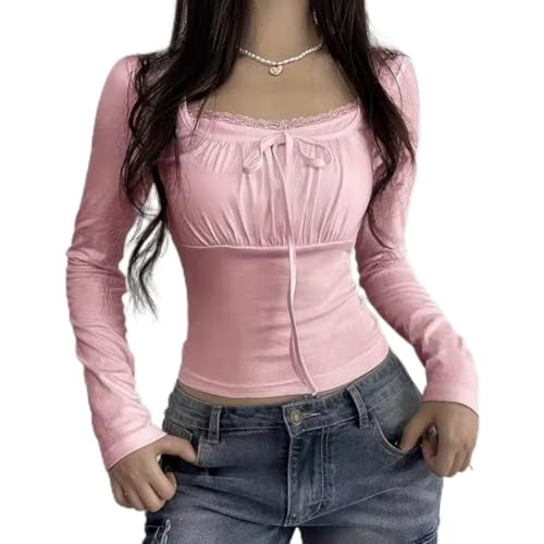 Anspruchsvolles Damen-Top mit quadratischem Ausschnitt und elegantem Spitzendetail (L Pink) von Sileduove