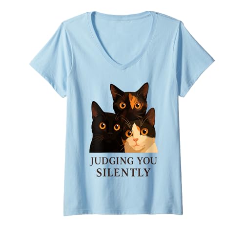 Damen Lustige DREI Katzen, die Dich schweigend beurteilen T-Shirt mit V-Ausschnitt von Silent Stare Co.