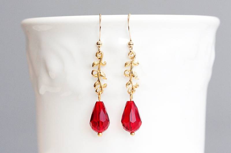 Blatt Zweig Tropfen Ohrringe Zarte Gold Rubin Rot Kristall Teardrop Baumeln - E229 von SilentRoses