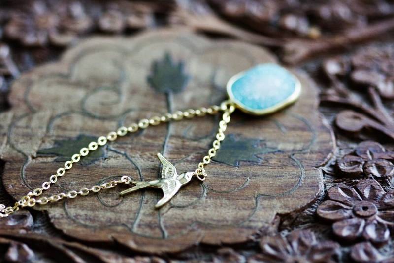 Blaue Druzy Stein Halskette - Gold Schwalbe, Aqua Quarz Schmuck N349 von SilentRoses