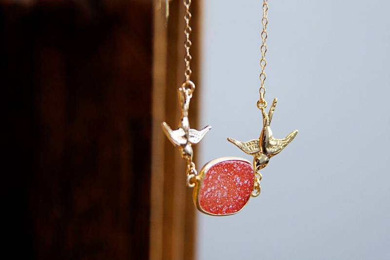 Orange Druzy Stein Halskette - Gold Filled Schwalbe Kristall Quarz Schmuck N305 von SilentRoses