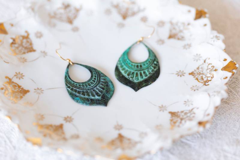 Patina Art Deco Hängeohrringe Grünspan Ornamental Charm Rustikal Schmuck - E263 von SilentRoses