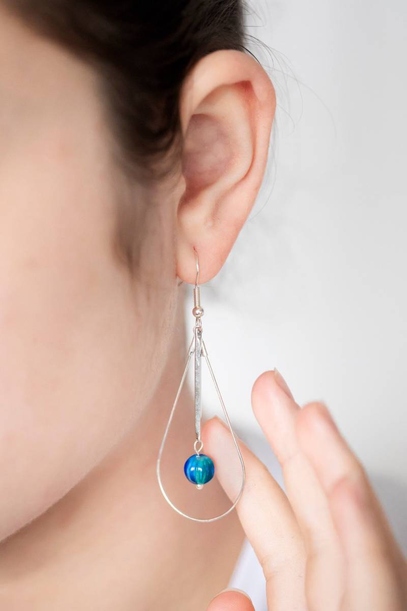Silber Creolen Blaue Ohrringe Pfauenfeder Perle Pfauenauge Schmuck - E365 von SilentRoses