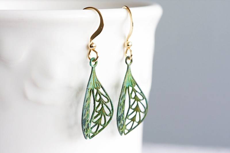 Grünspan Blatt Ohrringe Komplizierte Filigrane Patina Grüne - E051 von SilentRoses