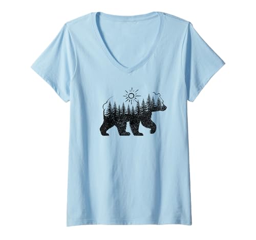 Damen Silhouette eines Bären, Pinienbäume und Sonne, minimalistisch T-Shirt mit V-Ausschnitt von Silhouette Bear Pine Trees Sun Nature Adventure