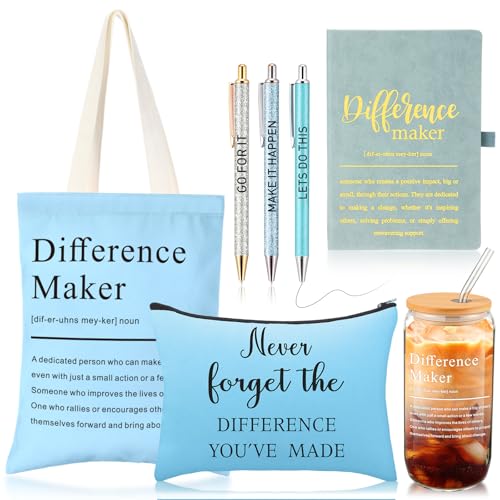 SiliFine 7 Stück Mitarbeiter-Wertschätzungsgeschenk für Frauen, Differenzmacher, Arbeitsgeschenke, Glasbecher, Tagebuch, Leinwand, Make-up-Tasche, Kugelschreiber (blau) von SiliFine