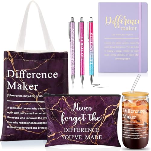 SiliFine 7 Stück Mitarbeiter-Wertschätzungsgeschenk für Frauen, Differenzmacher, Arbeitsgeschenke, Glasbecher, Tagebuch, Leinwand, Make-up-Tasche, Kugelschreiber (lila) von SiliFine