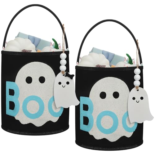 SiliFine Süßigkeitenkorb für Halloween, mit Griff, Geister-Holzanhänger, Geister-Design, wiederverwendbare Leinentasche, großer Halloween-Eimer für Partygeschenke, Geschenke, Dekorationen, 2 Stück von SiliFine