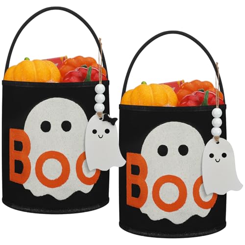 SiliFine Süßigkeitenkorb für Halloween, mit Griff, Geister-Holzanhänger, Geister-Design, wiederverwendbare Leinentasche, großer Halloween-Eimer für Partygeschenke, Geschenke, Dekorationen, Orange, 2 von SiliFine