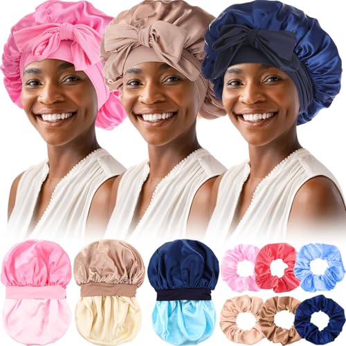 Silicherry 9-teiliges Satin-Mützen-Set beinhaltet 3 Seidenhauben zum Schlafen und 6 Haargummis, Satinhaube für Frauen, doppellagige Haarhauben, Seiden-Schlafkappe, elastisches Band (hell) von Silicherry