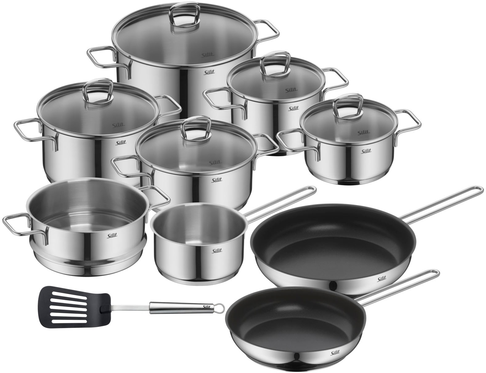 Silit Topf-Set "Alicante Induktion 10-teilig, Kochtopfset Induktion mit Glasdeckel" Fleischtopf 16/20/24, Bratentopf 16/20, Kasserolle 16, Pfanne 24/28, Cromargan Edelstahl Rostfrei 18/10 von Silit