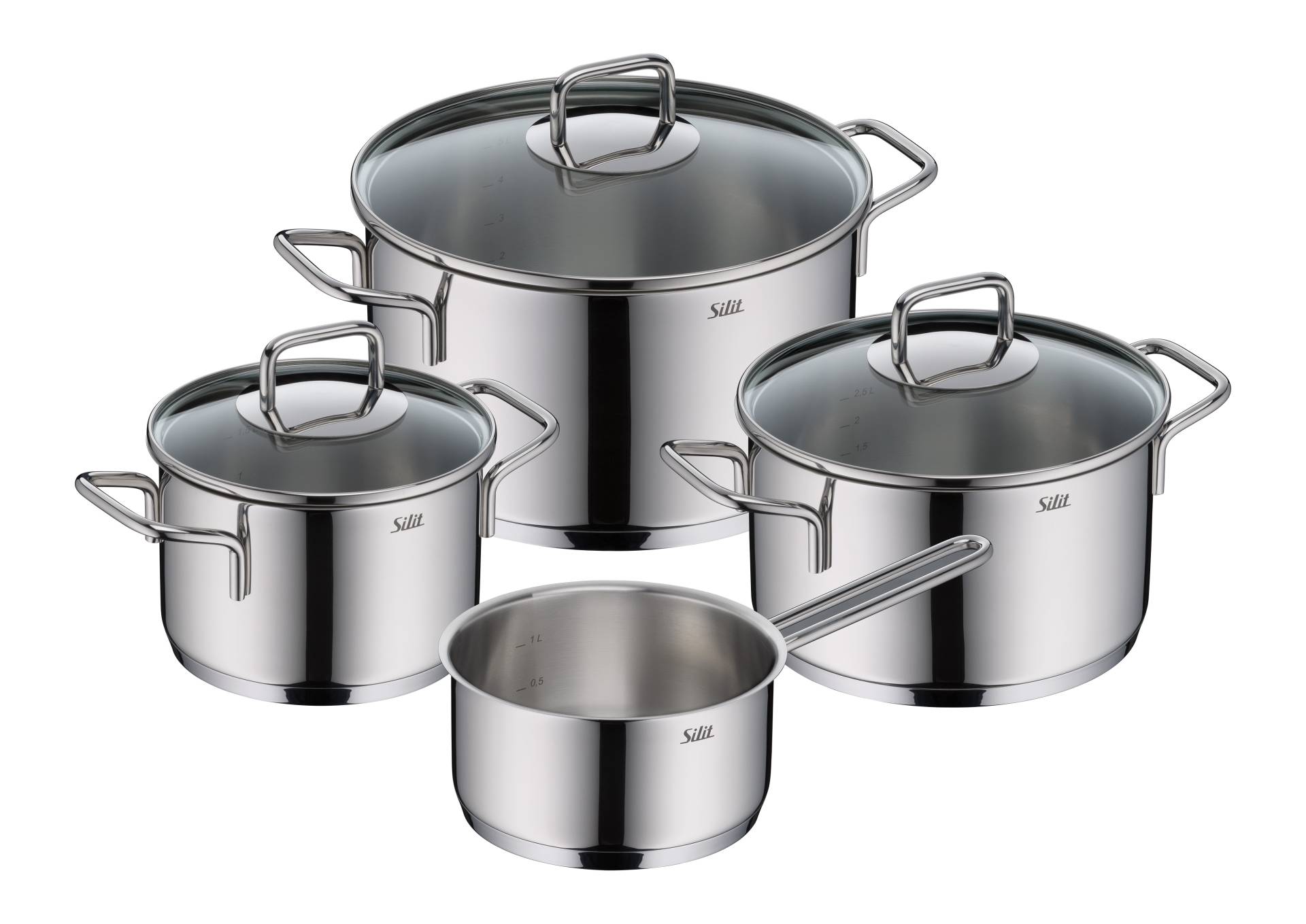 Silit Topf-Set "Extra Cook Induktion, Kochgeschirr-Set mit Glasdeckel, Innenskalierung" 3x Kochtöpfe 16/20/24 cm mit Deckel, 1x Stielkasserolle 16 cm, SiliTherm Universalboden, breiter Schüttrand, spülmaschinengeeignet, Edelstahl 18/10 von Silit
