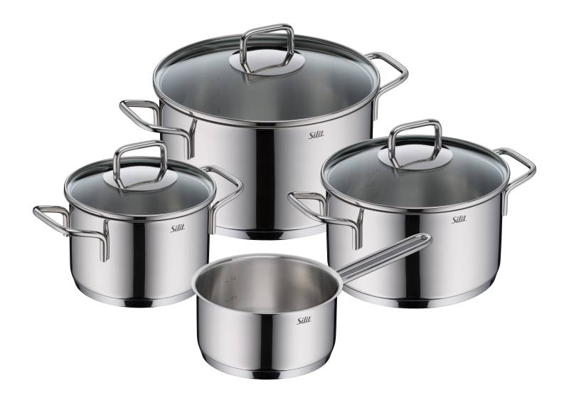 Silit Topf-Set "Extra Cook Induktion, Kochgeschirr-Set mit Glasdeckel, Innenskalierung" 3x Kochtöpfe 16/20/24 cm mit Deckel, 1x Stielkasserolle 16 cm, SiliTherm Universalboden, breiter Schüttrand, spülmaschinengeeignet, Edelstahl 18/10 von Silit