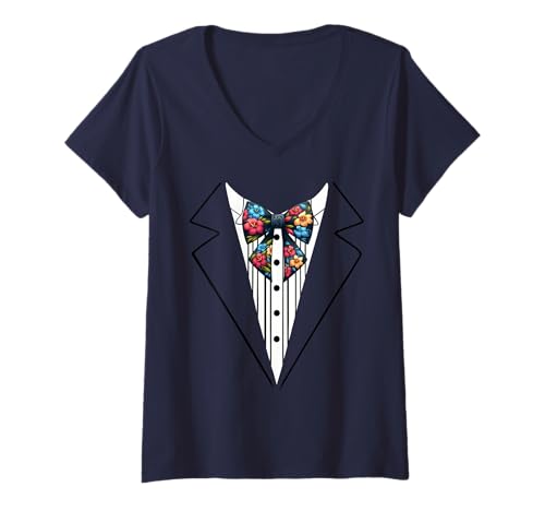 Damen Lustige Seidenfliege, Smoking-Kostüm, Blumenmuster, botanischer Stil T-Shirt mit V-Ausschnitt von Silk Bow Tie Tuxedo Costume Party Festival Concert