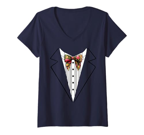 Damen Lustige Seidenfliege, Smoking-Kostüm, Blumenmuster, botanischer Stil T-Shirt mit V-Ausschnitt von Silk Bow Tie Tuxedo Costume Party Festival Concert