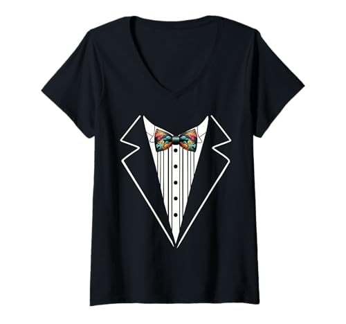 Damen Lustige Seidenfliege, Smoking-Kostüm, Blumenmuster, botanischer Stil T-Shirt mit V-Ausschnitt von Silk Bow Tie Tuxedo Costume Party Festival Concert