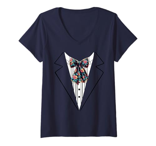 Damen Lustige Seidenfliege, Smoking-Kostüm, Blumenmuster, botanischer Stil T-Shirt mit V-Ausschnitt von Silk Bow Tie Tuxedo Costume Party Festival Concert