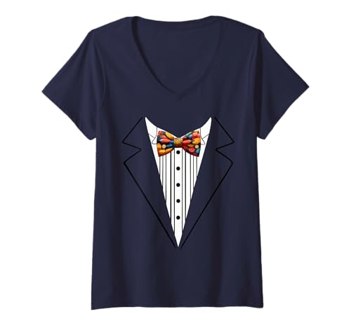 Damen Lustige Seidenfliege, Smoking-Kostüm, Blumenmuster, botanischer Stil T-Shirt mit V-Ausschnitt von Silk Bow Tie Tuxedo Costume Party Festival Concert
