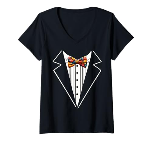 Damen Lustige Seidenfliege, Smoking-Kostüm, Blumenmuster, botanischer Stil T-Shirt mit V-Ausschnitt von Silk Bow Tie Tuxedo Costume Party Festival Concert