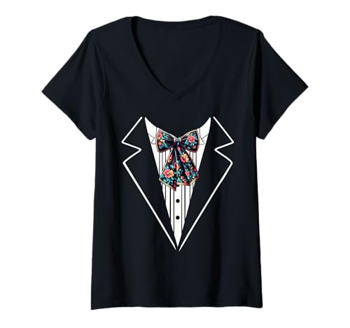Damen Lustige Seidenfliege, Smoking-Kostüm, Blumenmuster, botanischer Stil T-Shirt mit V-Ausschnitt von Silk Bow Tie Tuxedo Costume Party Festival Concert