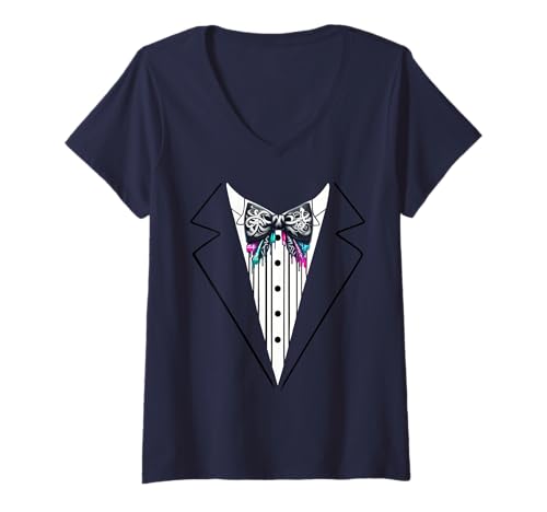 Damen Lustige Seidenfliege Smoking Kostüm Graffiti Urban Style T-Shirt mit V-Ausschnitt von Silk Bow Tie Tuxedo Costume Party Festival Concert