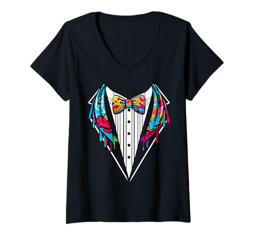 Damen Lustige Seidenfliege Smoking Kostüm Graffiti Urban Style T-Shirt mit V-Ausschnitt von Silk Bow Tie Tuxedo Costume Party Festival Concert