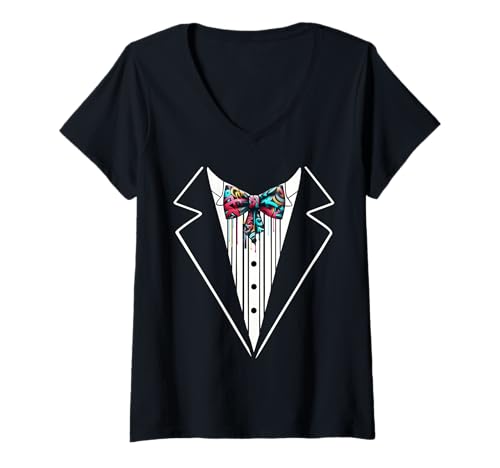 Damen Lustige Seidenfliege Smoking Kostüm Graffiti Urban Style T-Shirt mit V-Ausschnitt von Silk Bow Tie Tuxedo Costume Party Festival Concert