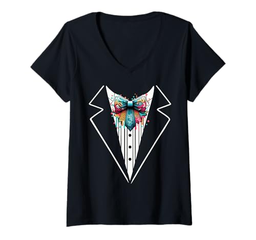 Damen Lustige Seidenfliege Smoking Kostüm Graffiti Urban Style T-Shirt mit V-Ausschnitt von Silk Bow Tie Tuxedo Costume Party Festival Concert