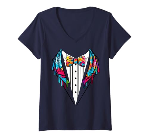 Damen Lustige Seidenfliege Smoking Kostüm Graffiti Urban Style T-Shirt mit V-Ausschnitt von Silk Bow Tie Tuxedo Costume Party Festival Concert