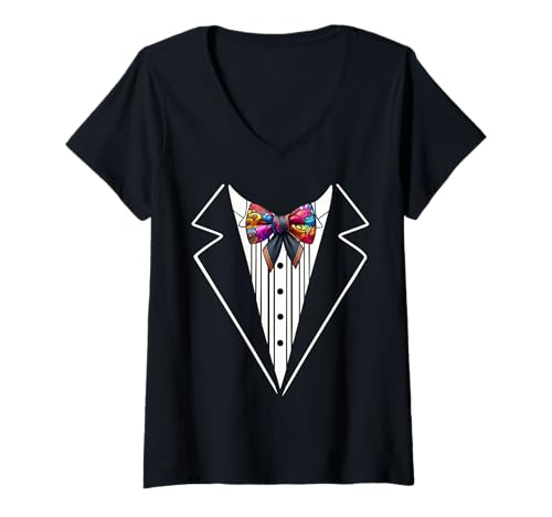 Damen Lustige Seidenfliege Smoking Kostüm Graffiti Urban Style T-Shirt mit V-Ausschnitt von Silk Bow Tie Tuxedo Costume Party Festival Concert