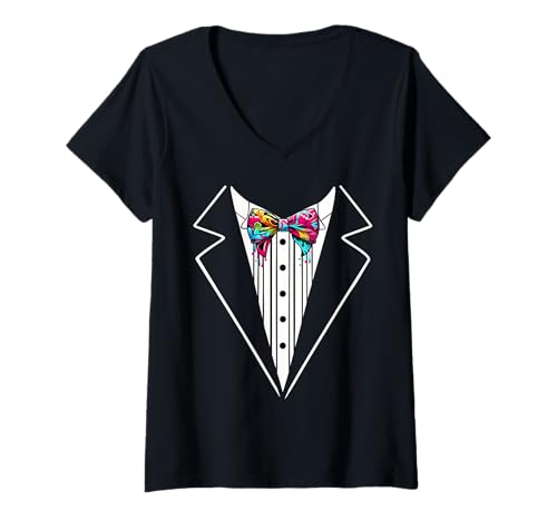 Damen Lustige Seidenfliege Smoking Kostüm Graffiti Urban Style T-Shirt mit V-Ausschnitt von Silk Bow Tie Tuxedo Costume Party Festival Concert