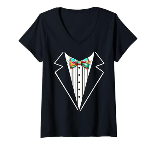 Damen Lustige Seidenfliege Smoking Kostüm Graffiti Urban Style T-Shirt mit V-Ausschnitt von Silk Bow Tie Tuxedo Costume Party Festival Concert