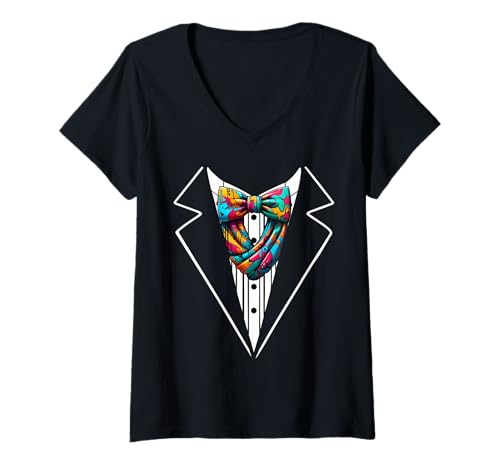 Damen Lustige Seidenfliege Smoking Kostüm Graffiti Urban Style T-Shirt mit V-Ausschnitt von Silk Bow Tie Tuxedo Costume Party Festival Concert