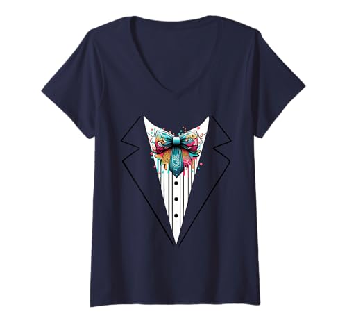 Damen Lustige Seidenfliege Smoking Kostüm Graffiti Urban Style T-Shirt mit V-Ausschnitt von Silk Bow Tie Tuxedo Costume Party Festival Concert