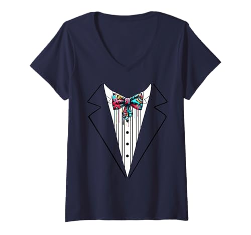 Damen Lustige Seidenfliege Smoking Kostüm Graffiti Urban Style T-Shirt mit V-Ausschnitt von Silk Bow Tie Tuxedo Costume Party Festival Concert