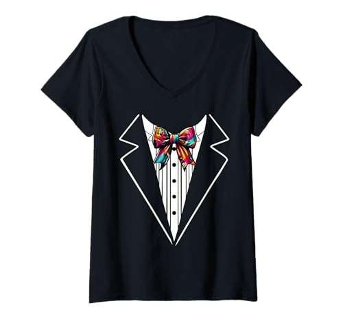 Damen Lustige Seidenfliege Smoking Kostüm Graffiti Urban Style T-Shirt mit V-Ausschnitt von Silk Bow Tie Tuxedo Costume Party Festival Concert