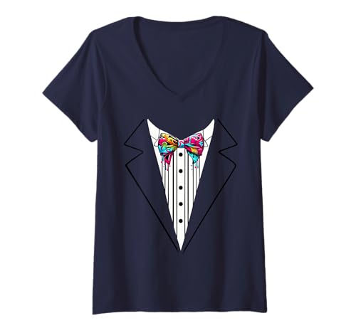 Damen Lustige Seidenfliege Smoking Kostüm Graffiti Urban Style T-Shirt mit V-Ausschnitt von Silk Bow Tie Tuxedo Costume Party Festival Concert