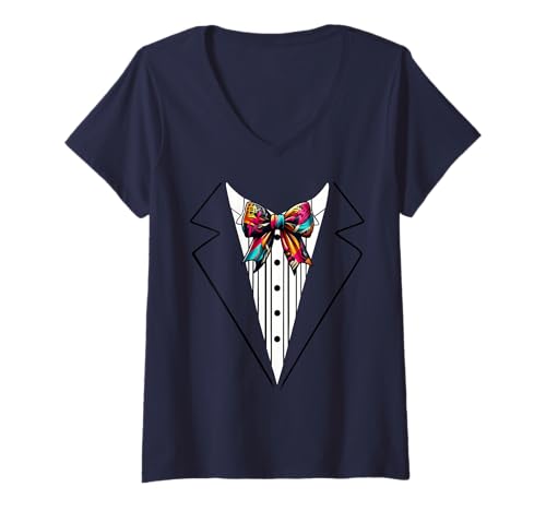 Damen Lustige Seidenfliege Smoking Kostüm Graffiti Urban Style T-Shirt mit V-Ausschnitt von Silk Bow Tie Tuxedo Costume Party Festival Concert
