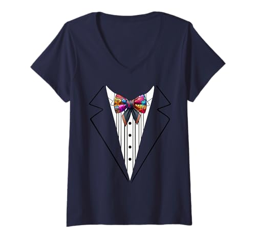 Damen Lustige Seidenfliege Smoking Kostüm Graffiti Urban Style T-Shirt mit V-Ausschnitt von Silk Bow Tie Tuxedo Costume Party Festival Concert