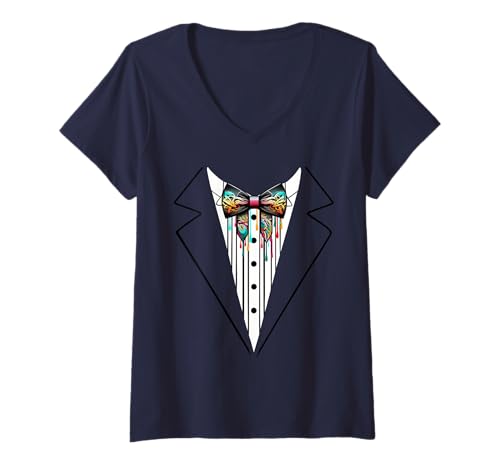 Damen Lustige Seidenfliege Smoking Kostüm Graffiti Urban Style T-Shirt mit V-Ausschnitt von Silk Bow Tie Tuxedo Costume Party Festival Concert