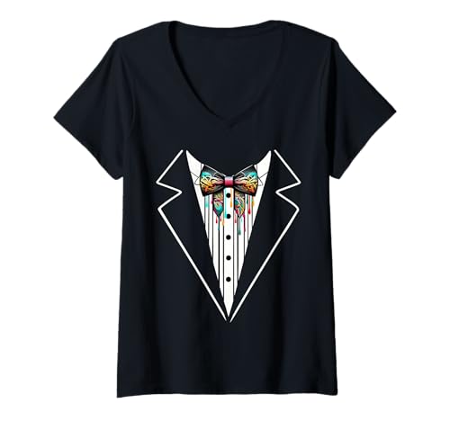 Damen Lustige Seidenfliege Smoking Kostüm Graffiti Urban Style T-Shirt mit V-Ausschnitt von Silk Bow Tie Tuxedo Costume Party Festival Concert
