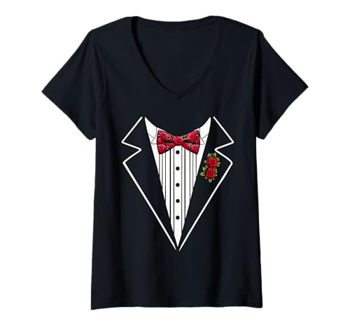 Damen Lustige Seidenfliege Smoking Kostüm Rosen Floral Botanical T-Shirt mit V-Ausschnitt von Silk Bow Tie Tuxedo Costume Party Festival Concert