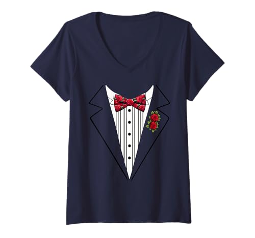 Damen Lustige Seidenfliege Smoking Kostüm Rosen Floral Botanical T-Shirt mit V-Ausschnitt von Silk Bow Tie Tuxedo Costume Party Festival Concert