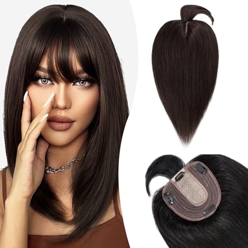Silk-co Hair Topper Echthaar mit langem Pony, Toupet Damen 10x12cm Basis, Haartopper Echthaar mit Remy Seide Basis, Haar Topper Clip in Haarteil Extensions, 30cm02# Dunkelbraun Silk-co Hair Topper Echthaar mit langem Pony, Toupet Damen 10x12cm Basis, Haartopper Echthaar mit Remy Seide Basis, Haar Topper Clip in Haarteil Extensions, 30cm02# Dunkelbraun von Silk-co