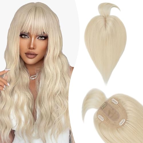Silk-co Hair Topper Echthaar mit langem Pony, Toupet Damen 10x12cm Basis, Haartopper Echthaar mit Remy Seide Basis, Haar Topper Clip in Haarteil Extensions, 35cm60# Platinblond von Silk-co