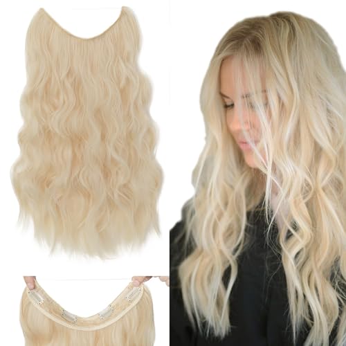 Silk-co Haarverlängerung mit Gummiband, Einstellbar Secrets Haarteil Synthetik, Extensions mit Schnur und Clips, Lange Gewellt Extensions für Frauen, Bleichblond 60cm von Silk-co
