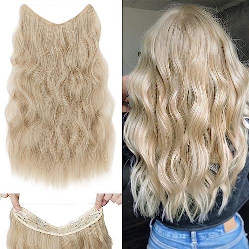 Silk-co Haarverlängerung mit Gummiband, Einstellbar Secrets Haarteil Synthetik, Extensions mit Schnur und Clips, Lange Gewellt Extensions für Frauen, Bleichblond Highlights Sandyblond 60cm von Silk-co