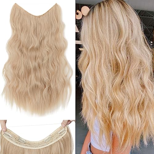 Silk-co Haarverlängerung mit Gummiband, Einstellbar Secrets Haarteil Synthetik, Extensions mit Schnur und Clips, Lange Gewellt Extensions für Frauen,Hellblond Highlights Bleichblond 60cm von Silk-co