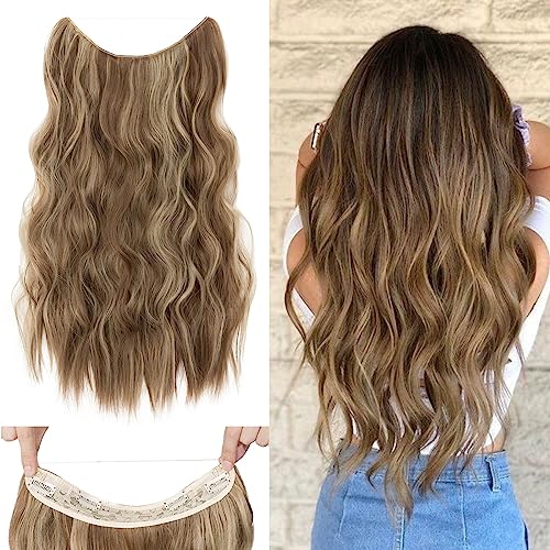 Silk-co Haarverlängerung mit Gummiband, Einstellbar Secrets Haarteil Synthetik, Extensions mit Schnur und Clips, Lange Gewellt Extensions für Frauen, Hellbraun Highlights Blond 50cm von Silk-co