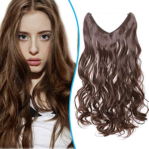 Silk-co Haarverlängerung mit Gummiband, Einstellbar Secrets Haarteil Synthetik, Extensions mit Schnur unsichtbar, Gewellt Extensions für Frauen, Mittelbraun, 50cm von Silk-co